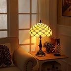 Tiffany Lamp Vintage White Cream Stained Glass Bead Table Lamp Desk Bedside Reading Light Decor Bedroom Living Room Home Office D12*H18 Inches