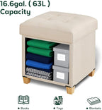 17.7" Ottoman with Storage, Square Storage Ottoman for Dorm, Linen Ottomans with Legs for Living Room, Bedroom, Beige