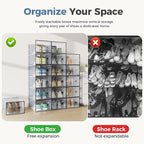 DUMOS Stackable Shoe Storage Boxes, 12-Pack Plastic Shoe Organizers with Lids, Large Shoe Rack & Holder for Closet, Under Bed, Entryway, Sneaker Display and Storage Containers, Black