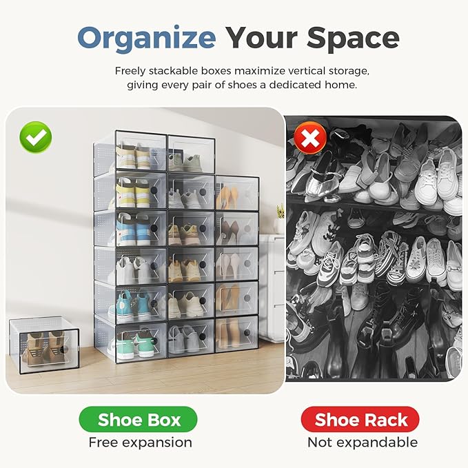 DUMOS Stackable Shoe Storage Boxes, 12-Pack Plastic Shoe Organizers with Lids, Large Shoe Rack & Holder for Closet, Under Bed, Entryway, Sneaker Display and Storage Containers, Black
