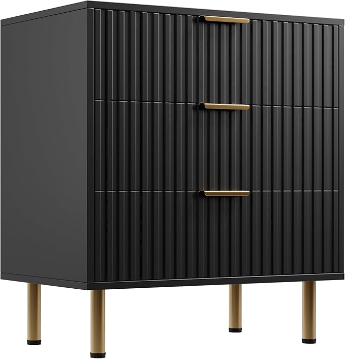 GarveeHome 3 Drawer Dresser for Bedroom, Fluted Modern Nightstand with Deep Drawers, Chest of Drawers with Wide Top, Wooden Dresser Organizer, Side Table for Living Room, Hallway, Kids Room, Black