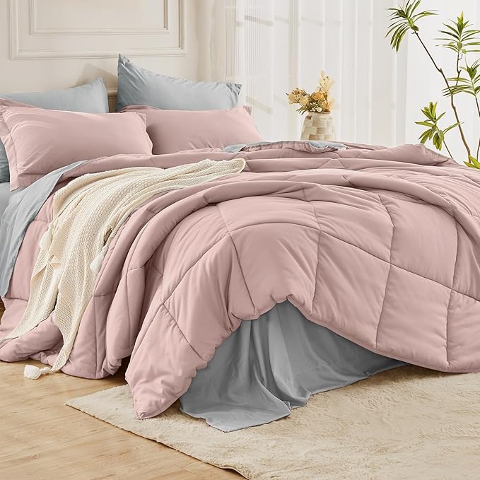 JOLLYVOGUE Full Comforter Set, Ultra-Soft Bed in a Bag Full Size 7 Pieces, Oeko-TEX Certified Bedding Set with Down Alternative Comforter, Sheets, Pillowcases & Shams, Pink & Light Grey