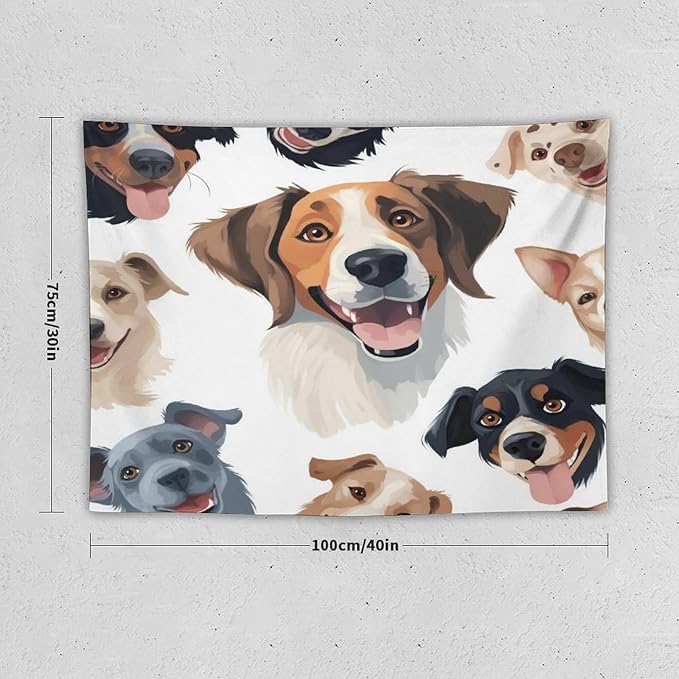 VUMIVI Cartoon Dog Tapestry Black & White Pet Dog Heads Cute Illustration Modern Creative Design Tapestry Wall Hanging for Living Room Bedroom Dorm Classroom Aesthetic Decor W40xL30in