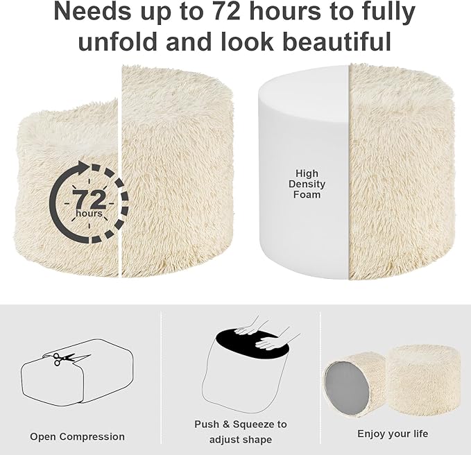 Hansleep Round Pouf Ottoman Foot Rest, 17 x 14 Small Faux Fur Stuffed Pouf for Chair, Foam Filled Foot Stools Ottomans for Living Room, Beige