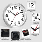 Wall Clock Modern 10 Inch Battery Operated Silent Non Ticking Analog Clock Decorative for Bedroom Kitchen Bathroom Office Home Living Room (Silver)