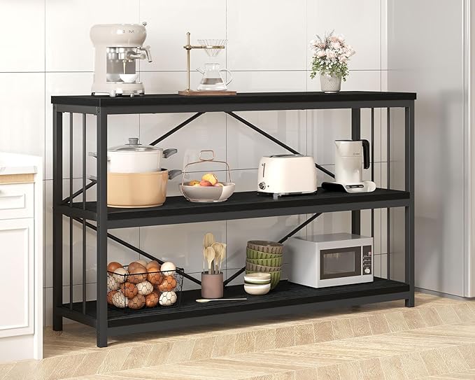 IBF Low Horizontal Book Shelf, Industrial Modern 3 Tier Bookshelf, Farmhouse Short Open Storage Organizer Long Shelf, Simple Wide Wood Metal Sturdy Etagere for Bedroom Living Room, Black Oak, 47 in