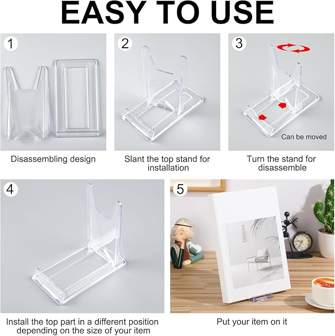 6 Pack Acrylic Book Stand for Display Adjustable Clear Display Holder Easel Collector Stand for Home Office Back to School Comic Album CD Magazine Postcard Artworks (4.2 x 4.3 x 2.35 Inch)