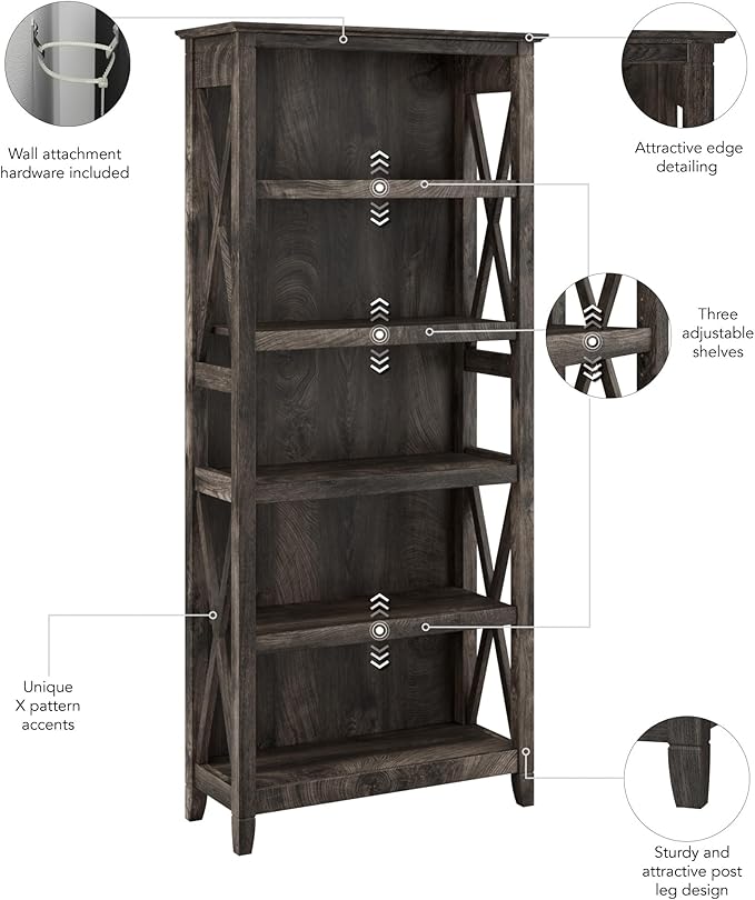 Bush Home Tall 5 Shelf Bookcase for Living Room or Home Office, Large Bookshelf, Modern Farmhouse Style, Key West Collection, Dark Gray Hickory