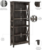 Bush Home Tall 5 Shelf Bookcase for Living Room or Home Office, Large Bookshelf, Modern Farmhouse Style, Key West Collection, Dark Gray Hickory