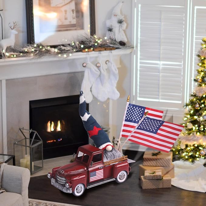 Vintage Red Truck Christmas Decor,Farmhouse Metal Trucks Planter, Decorative Americana Tabletop Storage,Patriotic Table Centerpiece Decorations