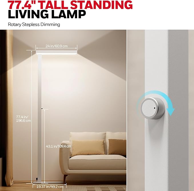 Honeywell 16000LM LED Floor Lamp, 02E Max Sunturalux Eye-Caring Reading Standing Light, 155W Modern Natural Daylight 4000K Dimmable 77" Tall Floor Lamps for Living Room Kids Study Home Office