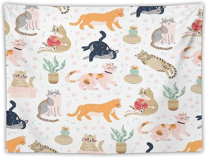 VUMIVI Cute Cat Tapestry Kids Hand-Painted Doodles Colorful Illustrations Potted Plants Paw Prints Tapestry Wall Hanging for Living Room Bedroom Dorm Classroom Aesthetic Decor W40xL30in