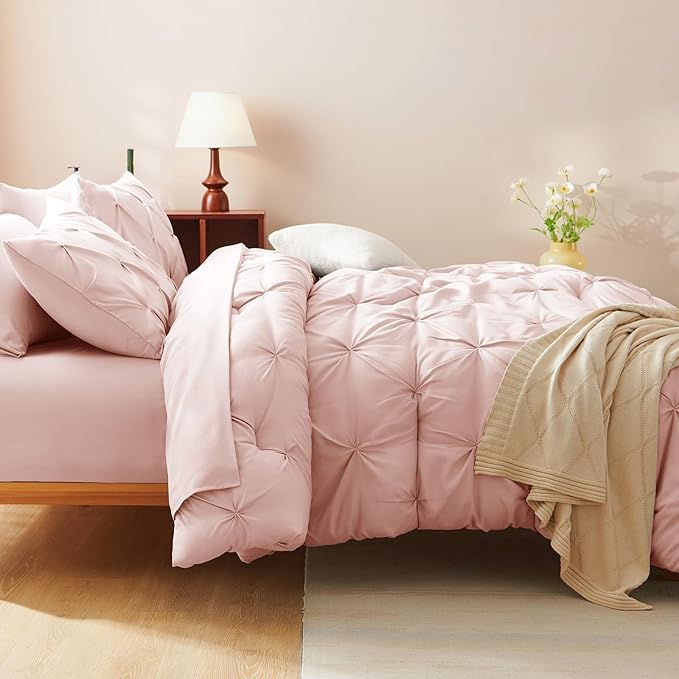 CozyLux Oversized Queen Comforter Sets Blush Pink, 7 Pieces Oversized Queen Pintuck Bed in A Bag, Pinch Pleat Bedding Sets with All Season Comforter, Flat Sheet, Fitted Sheet, Pillowcases & Shams