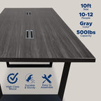 Sturdy Conference Table with Cable Management Grommets Modern Rectangle Office Meeting Table with Wood Tabletop and Metal Frame & Legs- Easy Assembly Boardroom Table (Grey, 10 Foot)