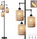 Floor Lamp for Living Room,Bedroom,3-Lights Boho Rattan Tree Floor Lights,Industrial Black Farmhouse Standing Lamp Wicker Rustic Tall Lamp,Woven Bamboo LampShade Floor Lamps Bohemian