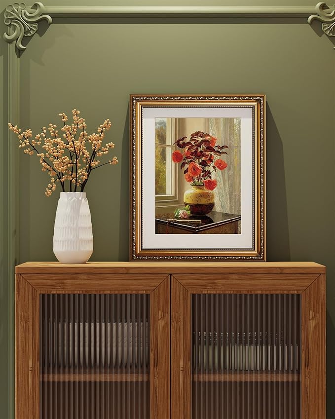 ARPEOTCY Vintage Gold Framed Wall Art Decor, Living Room Bedroom Floral Oriental Poppy Coleus Pictures Wall Art, Farmhouse Retro Decor, Antique Picture Frame Vintage Paintings,13x16 Inch