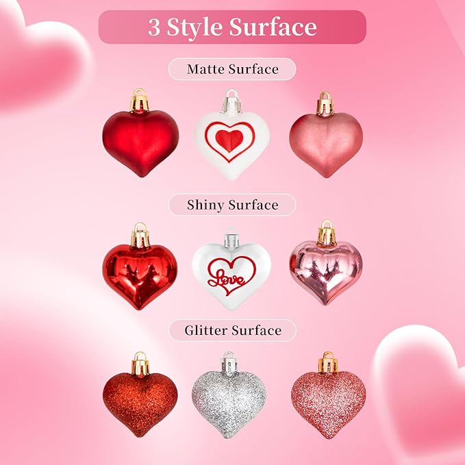 45Pcs Valentine's Day Heart Shaped Ornaments, Heart Shaped Baubles Red Pink Glitter White Silver Hanging Decorations for Valentine's Day Christmas Wedding Anniversary(9 Styles)
