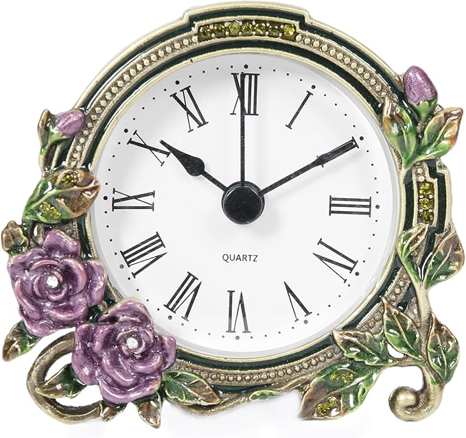 Mini Tabletop Clock, Decorative Vintage Floral Metal Table Clock with Battery Operated for Bedside, Table, Living Room, Home and Office
