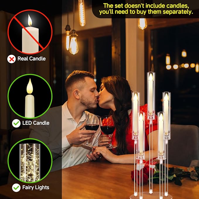 Clear 5 Arms Candlesticks Holder with Acrylic Shade for Wedding Table Decorations,26'' Tall Acrylic Candelabra Centerpieces for Candlelight Dinner Party Fireplace Gift Fit LED Candle（6 Pcs）