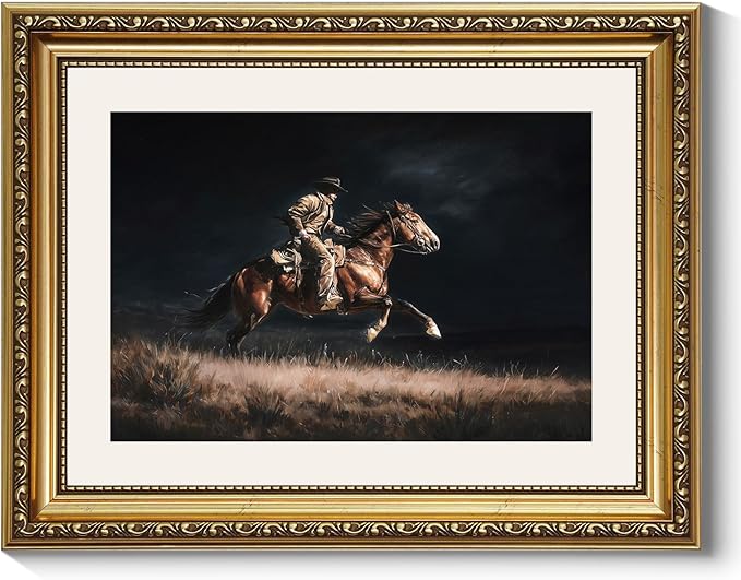 ARPEOTCY Gold Framed Canvas Wall Art, 11x14 Inch Vintage Western Cowboy Night Ride Painting, Dark Rustic Horse Artwork, Classic Cowboy Decor for Living Room, Bedroom, or Office