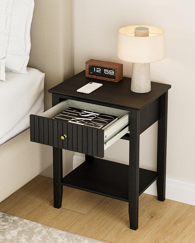 Fluted Nightstand, Farmhouse Night Stand with 1 Drawers, Mid Century Modern Side Accent Table,Bedside End Table for Bedroom, Living Room, Black