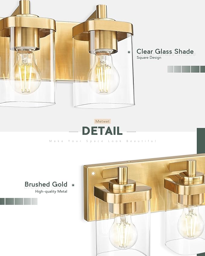 Bathroom Light Fixtures, 25" Brushed Gold Vanity Light, 4-Light Modern Wall Sconces with Square Clear Glass Shade, Vanity Lighting Fixtures Over Mirror, VL194-BG-4