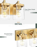 Bathroom Light Fixtures Over Mirror, 3-Light Brushed Gold Vanity Light with Square Clear Glass Shade, Modern Wall Sconces, Vanity Lighting Fixtures, VL194-BG-3