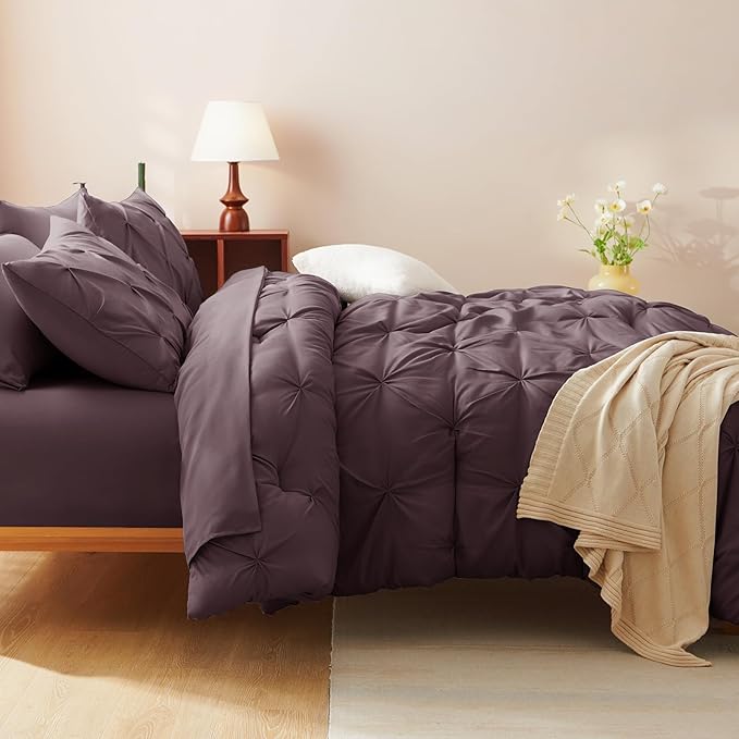 CozyLux Queen Comforter Set Cocoa Powder, 7 Pieces Pintuck Bed in A Bag, Premium Cocoa Powder Comforter Queen Size, Pinch Pleat Bedding Sets with Comforter, Sheets, Pillowcases & Shams