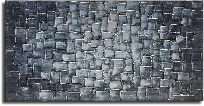 MyArton Textured Abstract Squares Canvas Wall Art Hand Painted Modern Silver Oil Painting Picture for Home Decoration Ready to Hang 40x20inch
