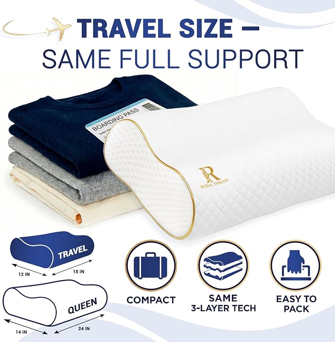 Royal Therapy Travel Memory Foam Pillow 2-Pack, Neck Pillow Bamboo Adjustable Side Sleeper Pillow