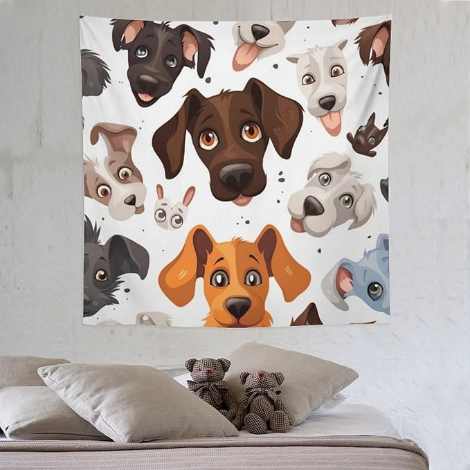 VUMIVI Cartoon Dog Head Tapestry Adorable Pets Humorous Style Abstract Art Illustration Tapestry Wall Hanging for Living Room Bedroom Dorm Classroom Aesthetic Decor W60xL60in