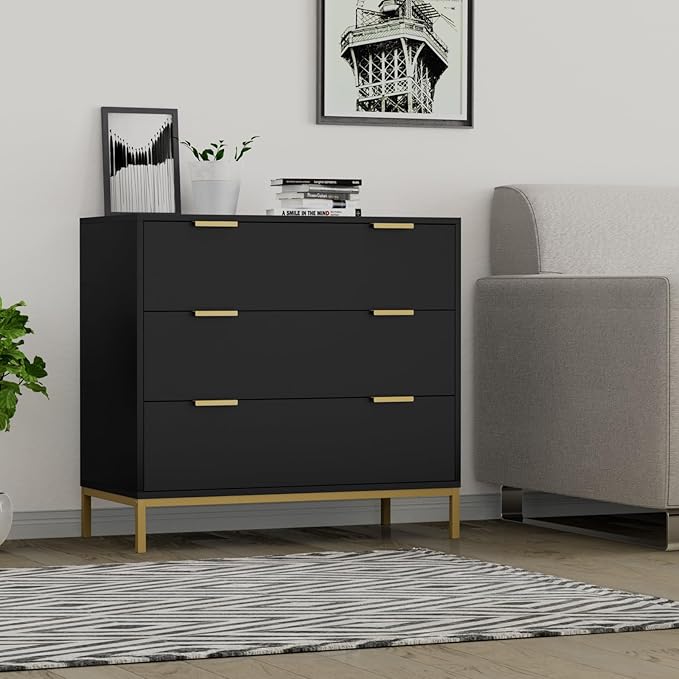 Anmytek Black Dresser for Bedroom, 3 Drawer Dresser with Spacious Storage Modern Wood Chest of Drawers for Bedroom Living Room Chest of Drawers for Hallway H0073