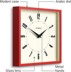 JONES CLOCKS® Box Wall Clock | Retro Square | 10 inch | Red | Easy to Read Numbers | Perfect Kitchen or Office Clock