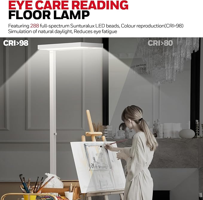 Honeywell 8000LM LED Floor Lamp, 02E Gen Sunturalux Eye-Caring Reading Standing Light, 80W Modern Natural Daylight 4000K Dimmable 77" Tall Floor Lamps for Living Room Kids Study Home Office White