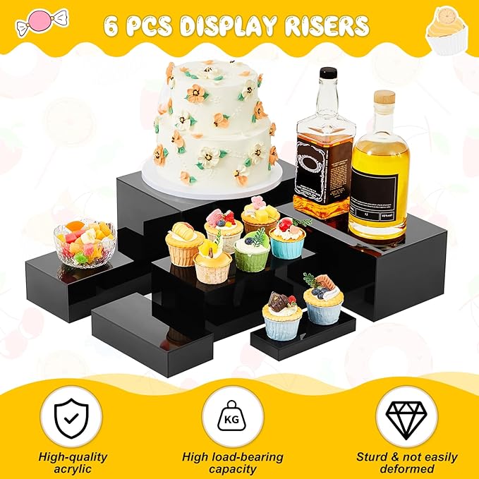 Leinuosen 6 Pcs Large Buffet Risers, 7 to 12 Inch Catering Dessert Table Risers Food Decorative Stands with hollow bottom for Catering Supplies, Party(Black, Rectangle)
