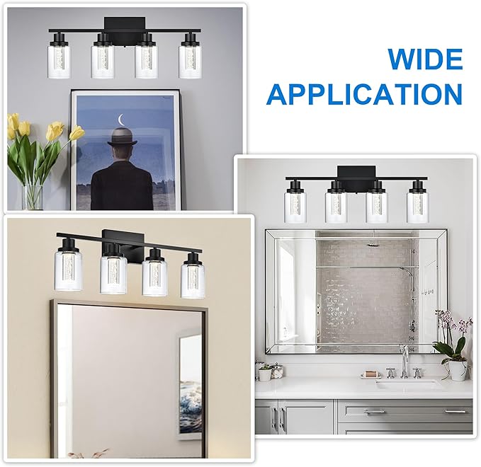 MELUCEE 4-Light LED Bathroom Lighting Fixtures Over Mirror, Dimmable LED Vanity Light for Bathroom 3000K-6000K Black Bath Wall Lights with Crystal Bubble Clear Glass Shade, Built-in LED Chips