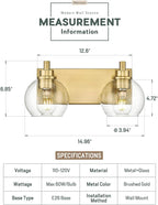 Bathroom Light Fixtures, 2 Light Brushed Gold Vanity Light, Modern Wall Sconces with Clear Glass Globe Shade, Bathroom Wall Lights Over Mirror Kitchen Bedroom Hallway, VL195-GD-2