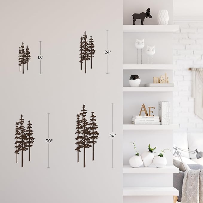 Metal Wall Art Decor Forest Pine Trees Minimalist Iron Tree Design Modern Nature-Inspired Wall Sculpture Hangings Home Decoration for Living Room, Bedroom, Bathroom, Kitchen, Outdoor - 18" Bronze