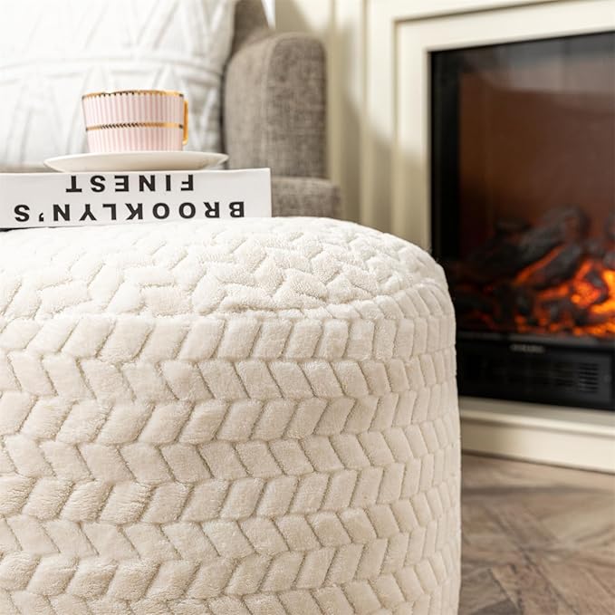 Ottoman Pouf Unstuffed Round Foot Rest Poof Ottoman No Filler Floor Foot Stool with Storage for Living Room Bedroom Ivory Pouf Cover Without Filler