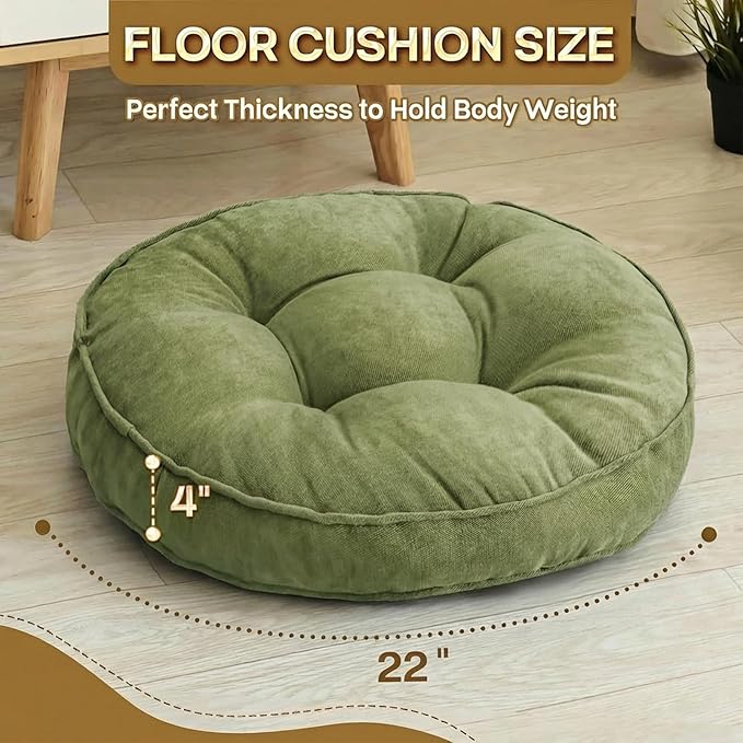 Floor Pillow Set of 2, Memory Foam Floor Cushions for Adults, Large Meditation Pillow for Sitting, 22 x 22 Inches (Round | Green)