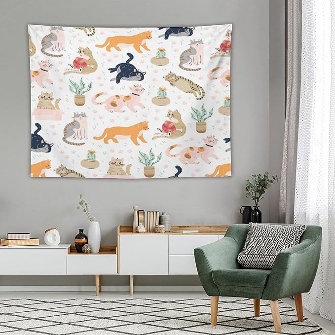 VUMIVI Cute Cat Tapestry Kids Hand-Painted Doodles Colorful Illustrations Potted Plants Paw Prints Tapestry Wall Hanging for Living Room Bedroom Dorm Classroom Aesthetic Decor W80xL60in
