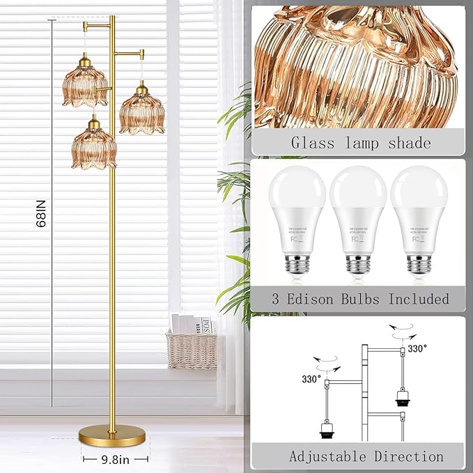 Gold Floor Lamp for Living Room Bedroom,Modern Floor Lamps with Unique Glass Shades,68IN Mid Century Tall Standing Lamp,Vintage Tree Floor Lamp for Corner Office Reading,3 Light Bulb Included