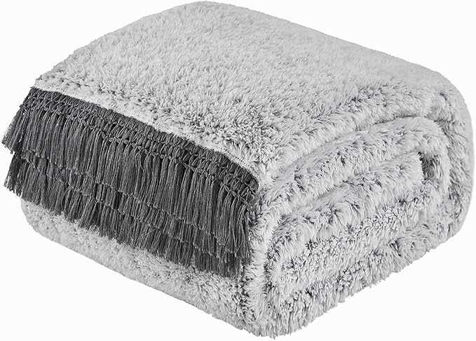 EMME Soft Sherpa Fleece Blanket with Tassel, Reversible Plush Fluffy Large Blanket, Light Weight Warm Decorative Boho Blanket Cover for Sofa, Couch, Bedroom,Travel(Tassel Grey,60"x80")