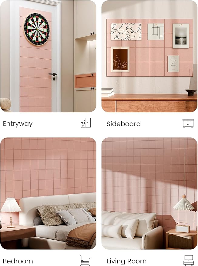 Bumusty Large Felt Bulletin Board, 36" x 24" Cork Board Alternative, 6-Pack Wall Tiles with 4-Compartment Design, 30 Push Pins, 40 Adhesive Tabs, Ideal for Office & Home Decor, Pink