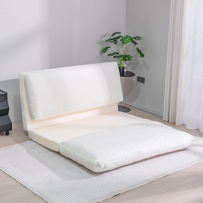 Bean Bag Chairs for Adults,Folding Sofa Bed,Floor Couch Bed, Foam Filling Fold Floor Mattress with Washable Soft Faux Fur Cover, Leisure Floor Couch for Bedroom Living Room(Cream, Double)