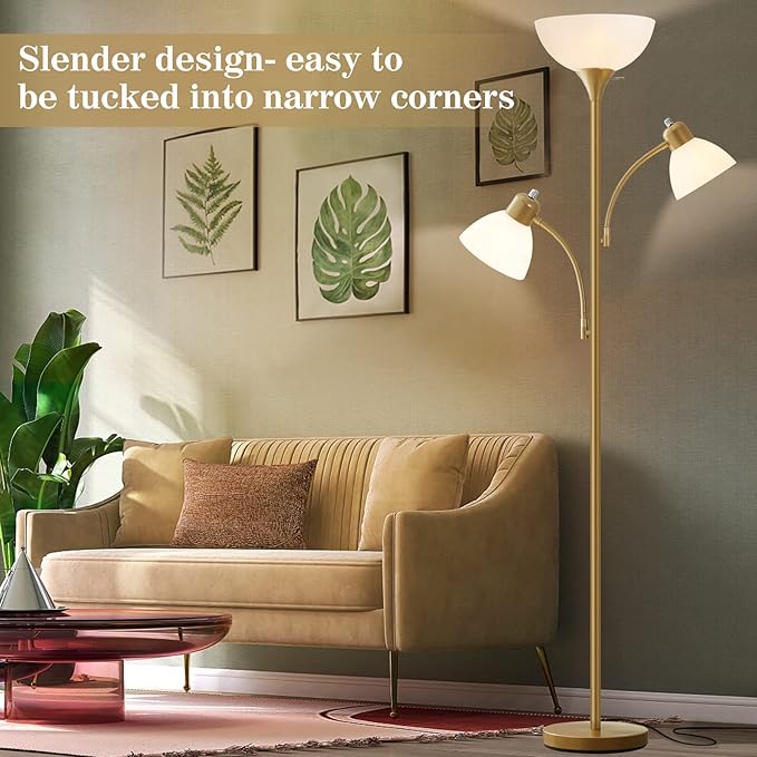Luvkczc Floor Lamps for Living Room, 72" Tall Standing Lamps, Torchiere Lamp with 8W Adjustable Reading Lights, Modern Bright Floor Lamp for Bedroom, Office, Dresser, Gold&White, Bulbs Included