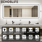 96x36 Large LED Bathroom Mirror with Lights - Black Aluminum(Front and Backlit),Anti-Fog Lighted Mirror for Wall,Stepless Dimmable Lighted Mirror,3 Colors Smart Mirror(Horizontal/Vertical)
