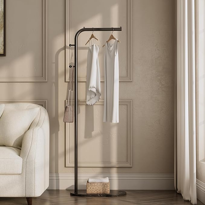 clothes rack,Modern clothing racks for hanging clothes,7-shaped coat rack Freestanding with Stable Oval Marble Base and 2 Hooks,small garment rack for Jackets, Coats, Hats(black)