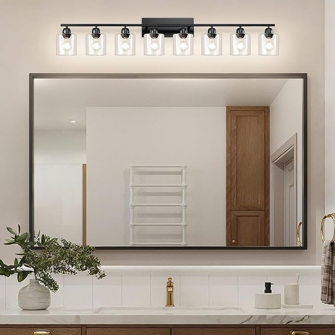 Modern 8 Light Bathroom Light Fixtures, 52 inch Vanity Lights for Bathroom with Clear Glass, Black Bathroom Light Fixture for Mirror Kitchen Living Room Hallway Cabinet Porch