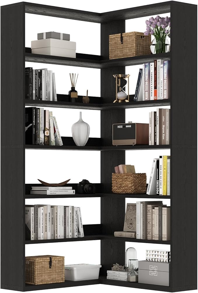 4 EVER WINNER Corner Book Shelf with LED Lights, 71” High Coner Bookshelf with Storage for Living Room, Study Room, Modern Storage Display Industrial L Shaped Bookshelf, Black